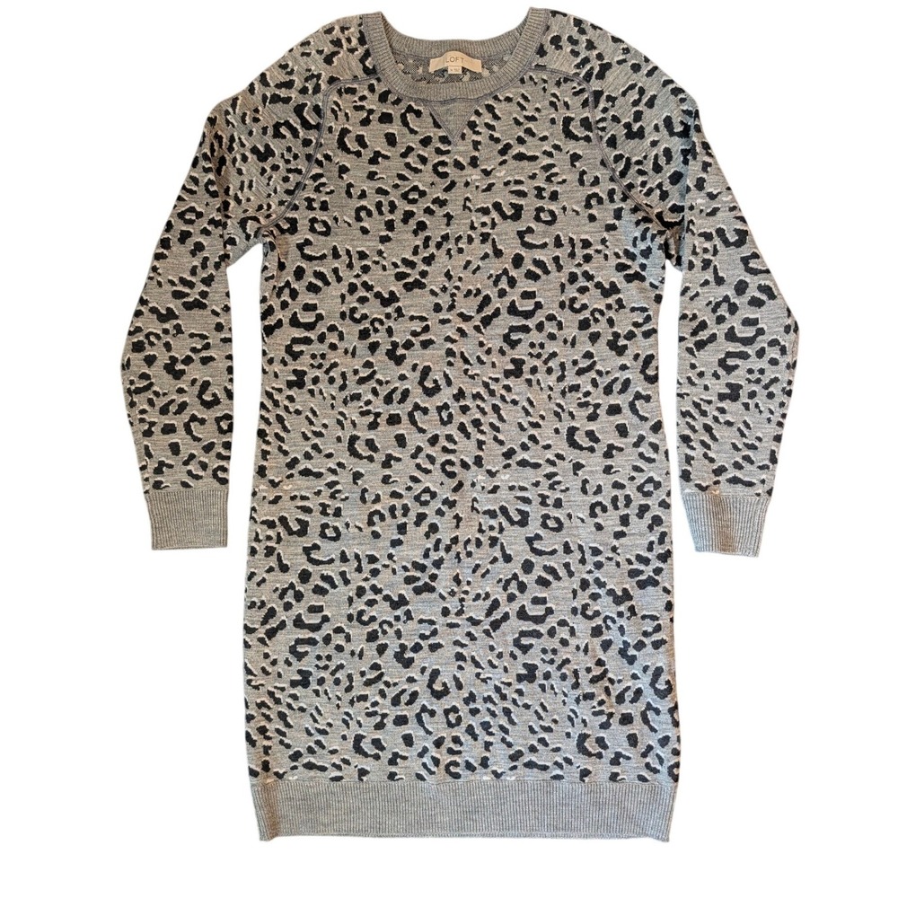 LOFT Gray Black Leopard Print Wool Blend Knit Long Sleeve Sweater Dress Size M